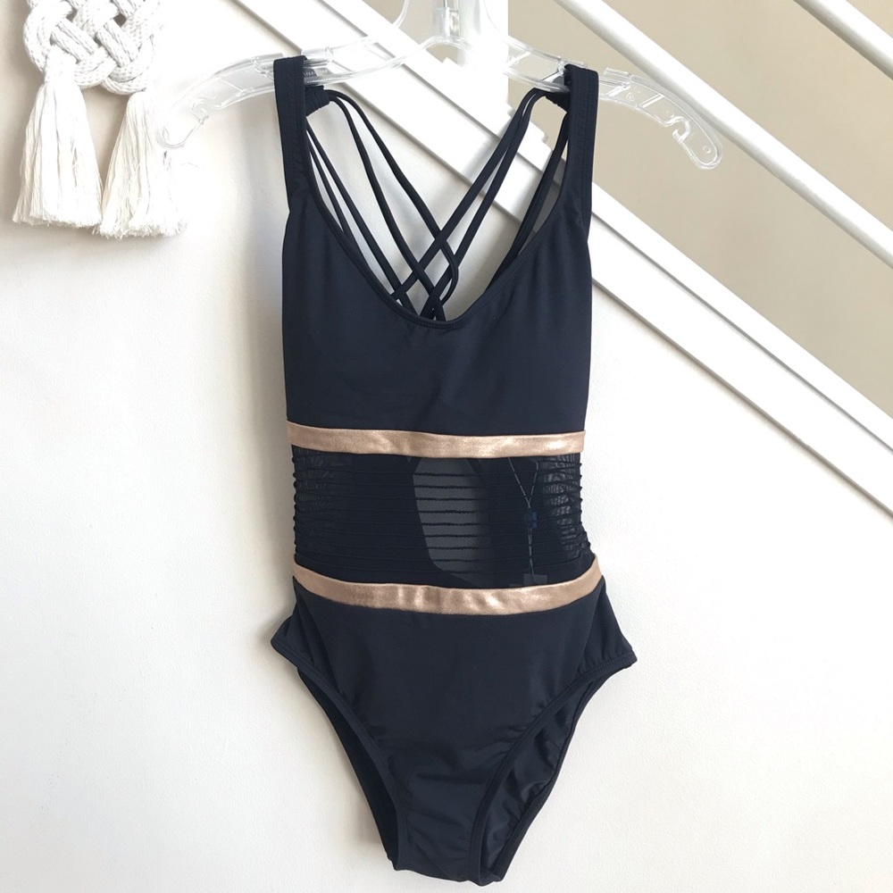 Blue Rod Beattie Crisscross Back Straps One Piece Swimsuit Black Rose Gold 4 NWT